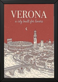 Resim Verona Line Art Print - Rust Arena Ponte Pietra Skyline Wall Art - Wooden Frame - White / 12 x 16" (30x40 cm) 