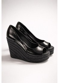 Resim Preshley Kadın Beleon Siyah Kırışık Rugan 11 Cm Platfomlu Dolgu Topuklu Ayakkabı Siyah 