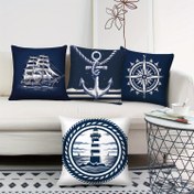 Resim Denizcilik Temalı 4 Adet Yastık Kılıfı, 45.72x45.72 cm, Sahil Mavisi Polyester Yastıklar, Ev Dekorasyonu için Çapa, Deniz Feneri, Yelkenli, Pusula Desenleri ile Dokuma Fermuarlı Modern Yastık Kılıfları, Çeşitli Odalar için Makinede Yıkanabilir 