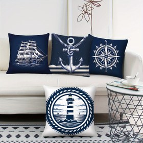 Resim Denizcilik Temalı 4 Adet Yastık Kılıfı, 45.72x45.72 cm, Sahil Mavisi Polyester Yastıklar, Ev Dekorasyonu için Çapa, Deniz Feneri, Yelkenli, Pusula Desenleri ile Dokuma Fermuarlı Modern Yastık Kılıfları, Çeşitli Odalar için Makinede Yıkanabilir 