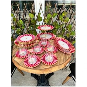 Resim Gürcü Glass Pembe Kelebek 28 Parça 6 Kişilik Cam Kahvaltı Takımı Yuvarlak Şekil ile Şık Tasarım 