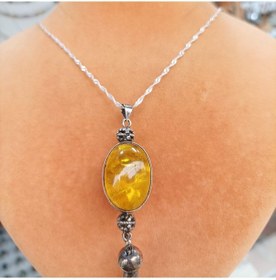 Resim Firuze Gümüş Kehribar Taşlı Sallantılı Gümüş Kolye F1600679 