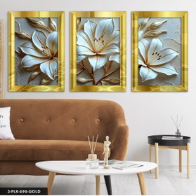 Resim Evinemoda Gold Yapraklı Zambak 3 Parça Gold Pleksi Aynalı Tablo 