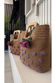 Resim WOMANBAG EL YAPIMI HASIR PEMBE GÜL İŞLEMELİ EL ÇANTASI PLAJ ÇANTASI (38x35cm) 
