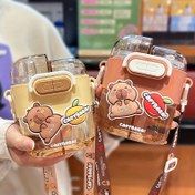 Resim Kapybar Çift Odacıklı Yalıtımlı Su Şişesi Pipetli - Sevimli Karikatür Tasarımı, Sızdırmaz, Bahar ve Yaz Dış Mekan Aktiviteleri için Taşınabilir, Bej ve Kahverengi Seçenekleri 