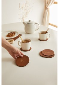 Resim Ocean Home Textile 6'lı Taba Renk Deri Bardak Altlığı Ø 10 cm 