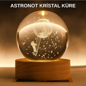 Resim 3d Astronot Kristal Küre Gece Lambası Usb Ahşap Standlı Dekoratif Işık 