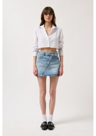 Resim Asimetrik Kemer Denim Mini Etek Mavi 