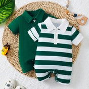 Resim Erkek Çocuk Yaz Modası Yeşil ve Yeşil Çizgili Sliky Fiber Kumaş Hafif Bej Dostu Kumaş Yaka Düğme Kısa Kollu Şort Tulum Bebek Erkek Dış Mekan Rahat İki Parça Set, Dış Mekan İçin Mükemmel 