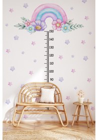 Resim Soft Pembe Renklerde Gökkuşağı Çiçekler Ve Yıldızlar Temalı Boy Ölçer Boy Cetveli Sticker Seti Çocuk Dijital Baskı 