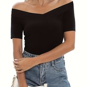 Resim Kadınlar için Rahat V Yaka Kısa Kollu T-Shirt - Çift Askı, Düz Renk, Orta Esneklik, Yaz Aktif Giyim için Rahat Kıyafet, Yaz Rahat Giyim | V Yaka T-shirt | Zarif 