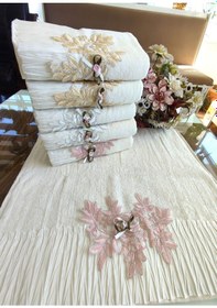 Resim 3.lü Set Çeyizlik 50x90 Cm. Lüks Piliseli Özel Kadife Doku El Ve Yüz Havlu Seti, Nişan Havlusu krem 