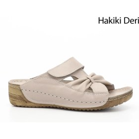 Resim Gönderi(r) Kadın Krem Cırtlı Dolgu Taban Hakiki Deri Terlik 