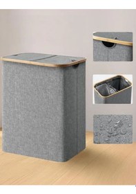 Resim 150 Lt Katlanır Kumaş Bambu Çamaşır Sepeti 2 Bölmeli İçi Fileli Kirli Çamaşır Sepeti Gri 