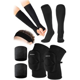 Resim Voleybol Spor Seti - Dizlik, Elik, Saç Bandı, Bilek Havlusu Ve Uzun Çorap Ile Tam Takım Altın - Siyah 