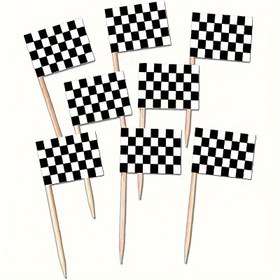 Resim 50 adet, Yarış Arabası Partisi Spor Etkinliği Cupcake Topper Cupcake Decor Tema Partisi Dekor Malzemeleri için Kontrol Edilmiş Yarış Bayrağı Parti Yiyecek Toplayıcısı 