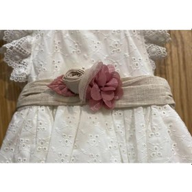 Resim Lamato Baby Yazlık Keten Kemerli Çiçek Aksesuarlı Bebe Kız Elbise Ekru 