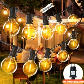Resim 30.48 metre / 18.29 metre / 12.19 metre / 9.14 metre / 6.1 metre LED G40 Dize Işıkları, 24V düşük voltajlı güç kaynağı ile G40 Küre Işıklar Dizisi Teras Lambası Edison Ampullerle, Dış Balkon Parti Düğün Pazar Kafe için Asılı Bistro Işığı, Noel, Yeni Yıl ve Cadılar Bayramı için dekoratif ışıklar, Çok güvenli ve parlak, genişletilebilir, Her türlü hava koşulunda kullanım, XBATE 