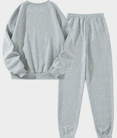 Resim Happy Papatya Eşofman Takımı Sweatshirt Jogger - Gri Baskılı Oversize Şardonlu Bisiklet Yaka Gri 