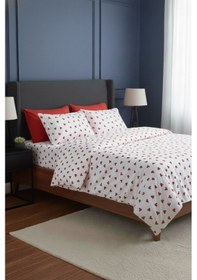 Resim Çift Kişilik Çarşaflı Nevresim Takımı Pamuklu 4 Parça Desenli Kalpli Kırmızı-beyaz 