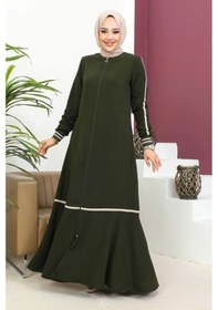Resim Ribanalı Bilek Şerit Detaylı Tesettür Ferace - Haki / F0122 Haki 