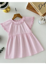 Resim Magu Kız Çocuk Pamuklu Pembe Çiçek Güpür Detaylı Elbise 