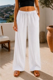 Resim Maison La Femme Kadın Keten Pantolon Beli Lastikli Bol Kesim 