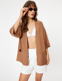 Resim Keten Karışımlı Kimono 3/4 Geniş Kol Bol Kalıp 