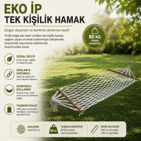 Resim Mersi Shop Tek Kişilik Ip Hamak Ahşap Çıtalı Bahçe Balkon Kamp Hamağı 80 kg Taşıma 
