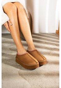 Resim Günlük Kadın Bot Desenli Yüksek Kalıntaban İçi Kürklü Süet Kısa Bootie Hafif U50 Taba 