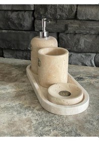 Resim Light Traverten Doğal Taş 4'lü Elips Tepsili Banyo Seti Beyaz 