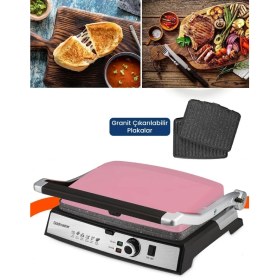 Resim Paslanmaz Çelik 2000W Pembe Tost ve Izgara Makinesi, Granit Plakalarlı 