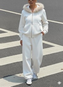 Resim Afri Ekru Siyah Fermuarlı Kapüşonlu Sweatshirt Eşfoman Takımı Kürklü Kapüşon, Cepli, Rahat Kalıp Ekru 
