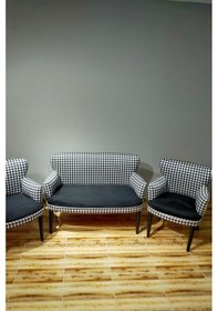 Resim Azra Mobilya Siyah Desenli Kareli Çay Seti Koltuk Takımı Salon Balkon Kafe Ofis Kollu Oturma Grubu Siyah 