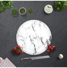 Resim Decorita Beyaz Mermer Görünümlü Cam Kesme Tahtası Çap 32 CM 