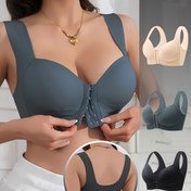 Resim 3 Parça Kadın Düz Renkli Kontrast Ön Çıtçıtlı Kabuk Desenli Yama Detaylı Geniş Omuz Askılı Push-Up Sütyen, Spor ve Günlük Kullanım İçin Uygun Dikişsiz İç Giyim Takımı - 3 Renk Seçeneği 