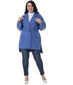 Resim Disentis Kadın Büyük Beden Mono Yaka Arkası Uzun Kemerli Astarsız Kaban İndigo 