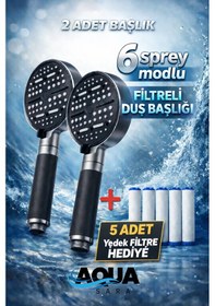 Resim 2 Adet 6 Fonksiyonlu Filtreli Duş Başlığı 5adet Yedek Filtre Su Arıtmalı, Klor Ve Kireç Önleyici, Yüksek Basınçlı Gri - Siyah 