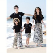 Resim Hercastle Aile Plaj Eşleştirme Seti - Renkli Logolu Siyah T-Shirtler, Geniş Bacaklı Çiçekli Pantolonlar ve Şortlar Erkekler, Kadınlar ve Çocuklar İçin, Yaz Tatili Kıyafeti, Plaj Tatili Kıyafeti|Eşleştirme Aile Kıyafeti|Esnek Kumaş, Dış Mekan İçin 