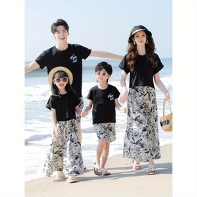 Resim Hercastle Aile Plaj Eşleştirme Seti - Renkli Logolu Siyah T-Shirtler, Geniş Bacaklı Çiçekli Pantolonlar ve Şortlar Erkekler, Kadınlar ve Çocuklar İçin, Yaz Tatili Kıyafeti, Plaj Tatili Kıyafeti|Eşleştirme Aile Kıyafeti|Esnek Kumaş, Dış Mekan İçin 