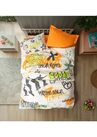 Resim Cotton Box Genç Odası Tek Kişilik Lastikli Çarşaflı Nevresim Takımı Graffiti Oranj 