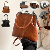 Resim Kadınlar için Dönüştürülebilir Klipsli Küçük Kare Çanta - Elde, Omuzda ve Crossbody Kullanım İçin Ayrılabilir Askı, Kiss Lock Kapatma, Açık Kahverengi & Siyah, Günlük İşe Gidiş-Geliş ve Resmi Etkinlikler İçin Polyester Astarlı, Şık Toka Kapatma, Parlak Dokulu Yüzey 