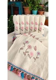 Resim Çeyizlik Kanaviçe Çiçek Desenli Püsküllü Bukle Lüks Mutfak Havlu Seti 30x50 6'lı Set Çok Renkli 