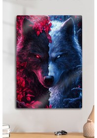 Resim Metal Baskı - Mitolojik Kurt Bordo Mavi Türk, Dekoratif Tablo 