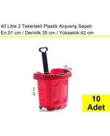 Resim Akdenizpos Tekerlekli Plastik Market Alışveriş El Sepeti 40 Litre Kırmızı 10 Adet 