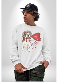 Resim Poodle Ve Beagle Sevililer Günü Hediyesi Unisex Beyaz Baskılı Sweatshirt Beyaz 