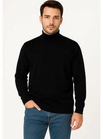 Resim Erkek Yarım Boğaz Triko Kazak Yumuşak Dokulu Pamuklu İnce Dokuma, Uzun Kollu Rahat Regular Kalıp - Siyah Çok Renkli 