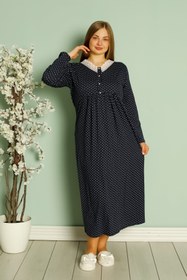 Resim Puantiyeli, Önü Düğmeli ve Dantelli Yakalı Büyük Beden Gecelik - Anne Geceliği - 1006 - Lacivert / 3XL 