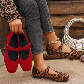 Resim Yeni Sezon Kadınlar İçin Retro Leopar Desenli Mary Jane Kayışlı Düz Balerin 