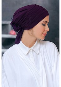 Resim Hürrem Bone Mürdüm Pratik Hazır Geçmeli Tesettür Bone Sandy Kumaş Pileli Nerv Mürdüm 